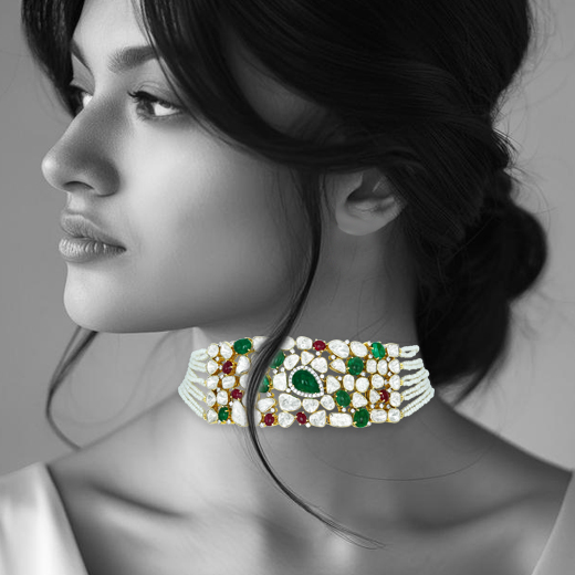 Emerald and Ruby Choker with Polki Diamonds and Pearl Strings